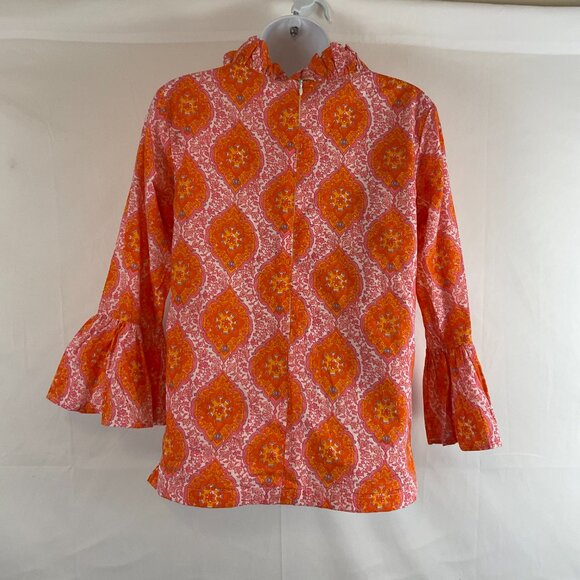 Elizabeth Wilson Mandala Floral Print Top XS Orange Pink White Ruffle Collar - Picture 6 of 11